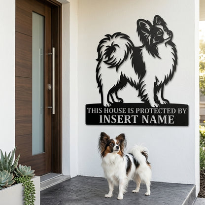 Personalized Papillon Dog Guard Metal Sign. Custom Dog Protect Name Wall Decor