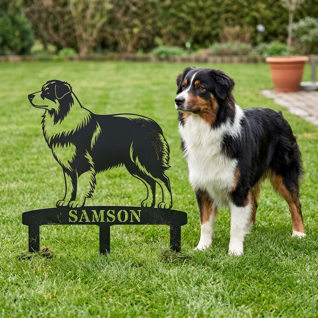 Personalized Australian Shepherd Garden Metal Sign With Stakes. Custom Dog Name Gift