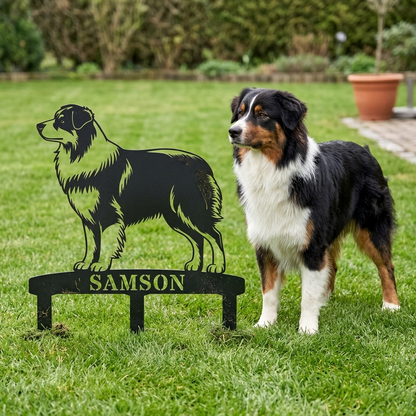Personalized Australian Shepherd Garden Metal Sign With Stakes. Custom Dog Name Gift