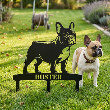 Personalized French Bulldog Garden Metal Sign With Stakes. Custom Dog Lover Name Gift