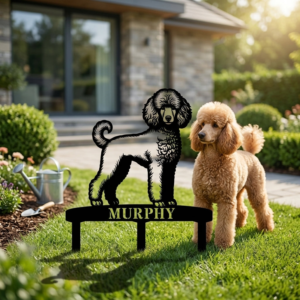 Personalized Poodle Garden Metal Sign With Stakes. Custom Dog Plaque Name Gift