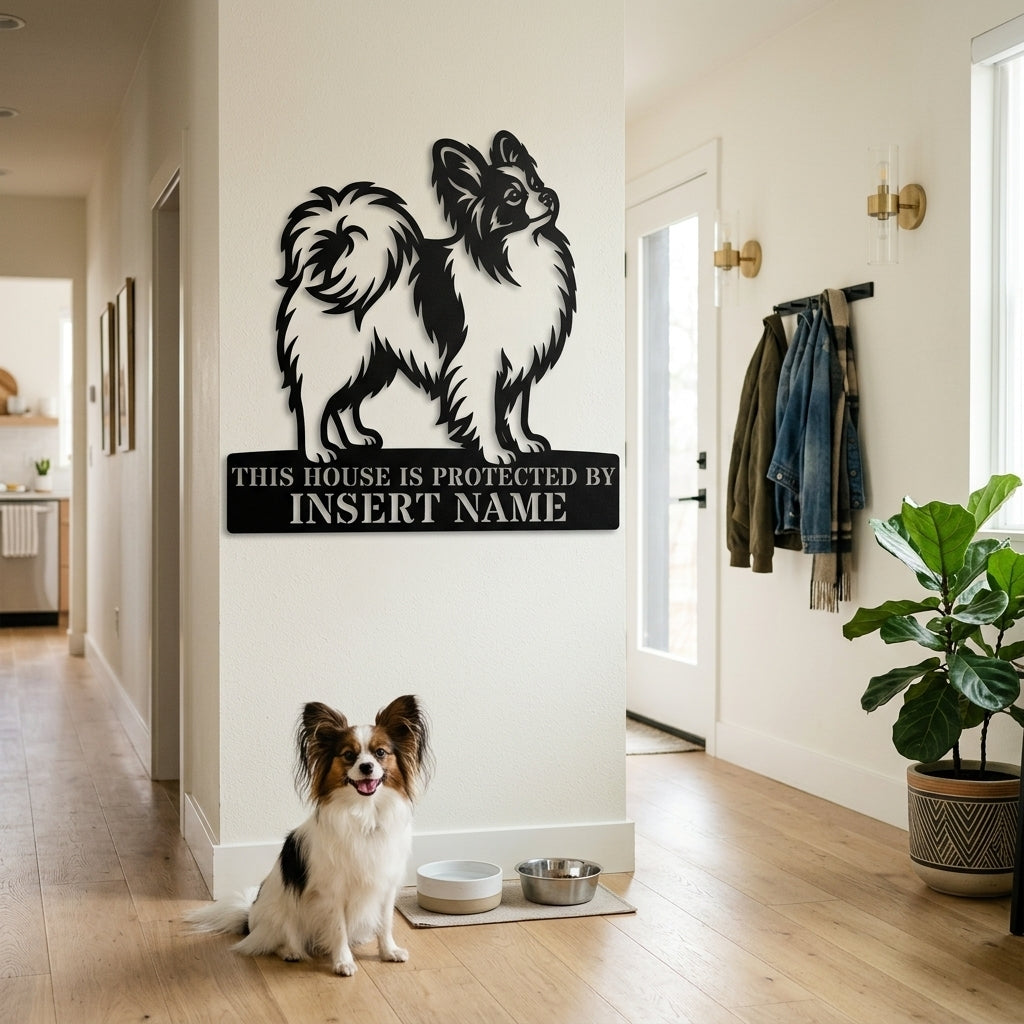 Personalized Papillon Dog Guard Metal Sign. Custom Dog Protect Name Wall Decor
