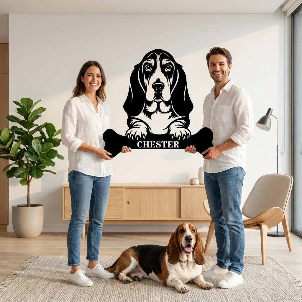 Personalized Basset Hound With Bone Metal Sign. Funny Peek-a-boo dog Wall Decor