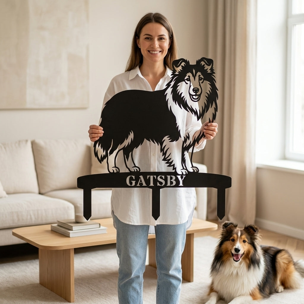 Personalized Shetland Sheepdog Garden Metal Sign With Stakes. Custom Dog Plaque Name Gift