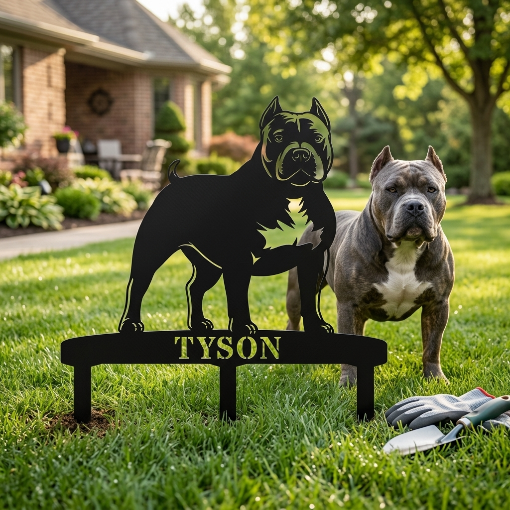 Personalized American Bully Garden Metal Sign With Stakes. Custom Dog Yard Name Gift