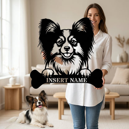 Personalized Papillon With Bone Name Metal Sign. Funny Custom Dog Wall Decor Gift