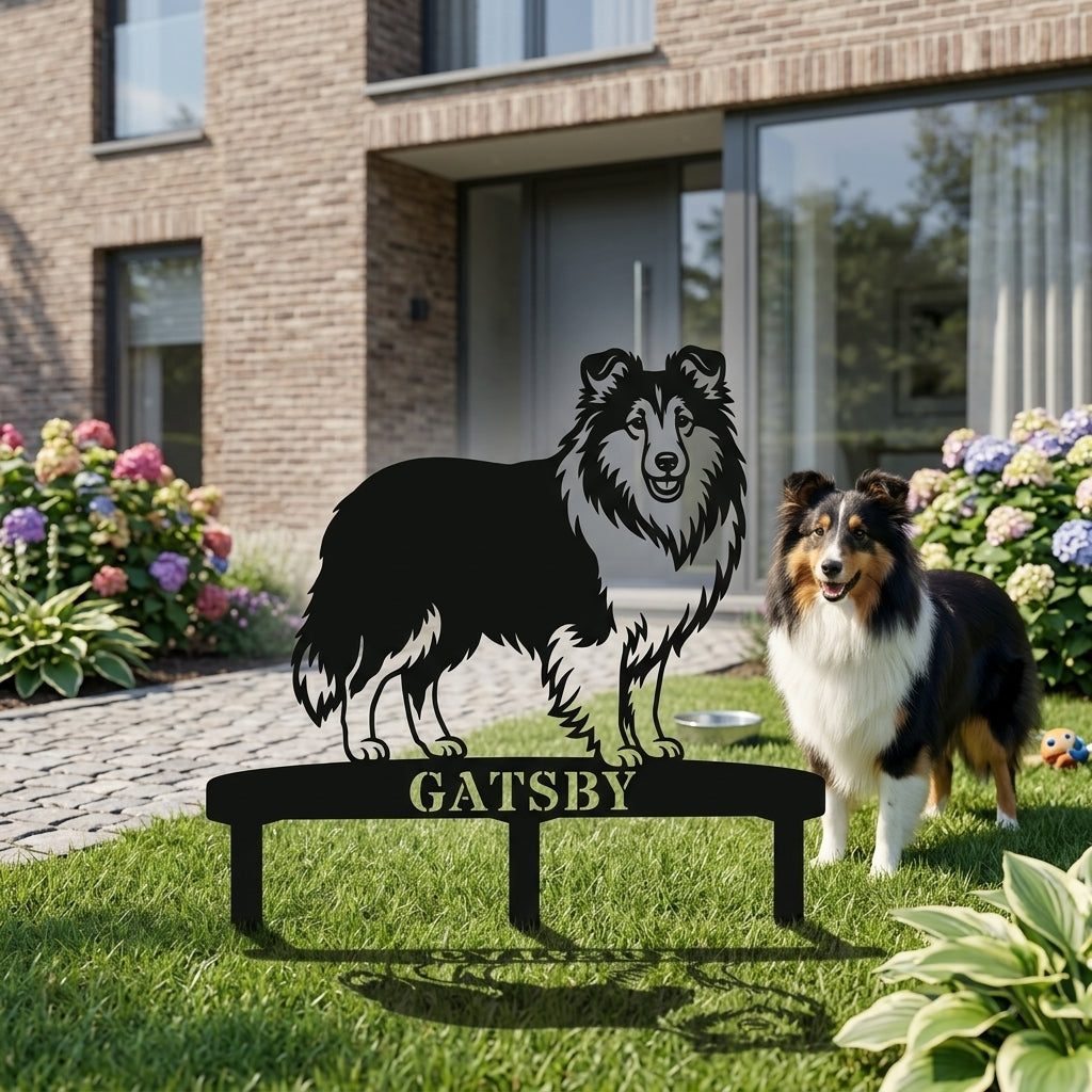 Personalized Shetland Sheepdog Garden Metal Sign With Stakes. Custom Dog Plaque Name Gift