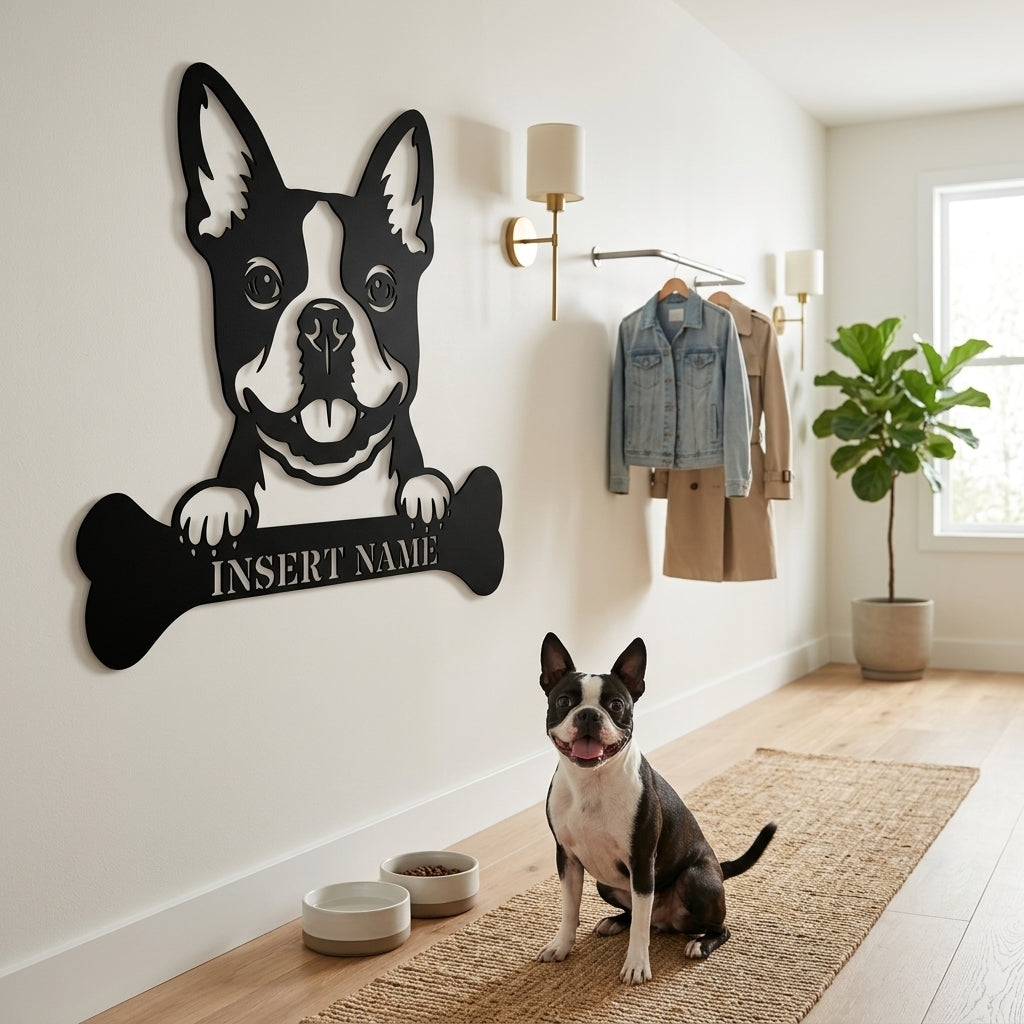 Personalized Boston Terrier With Bone Metal Sign. Custom Funny Dog Name Decor