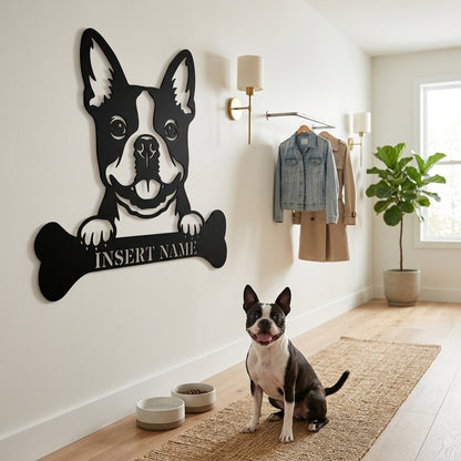 Personalized Boston Terrier With Bone Metal Sign. Custom Funny Dog Name Decor