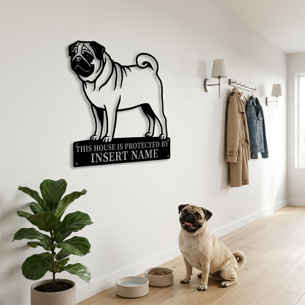 Personalized Pug Guard Metal Sign. Custom Dog Protect Name Wall Decor