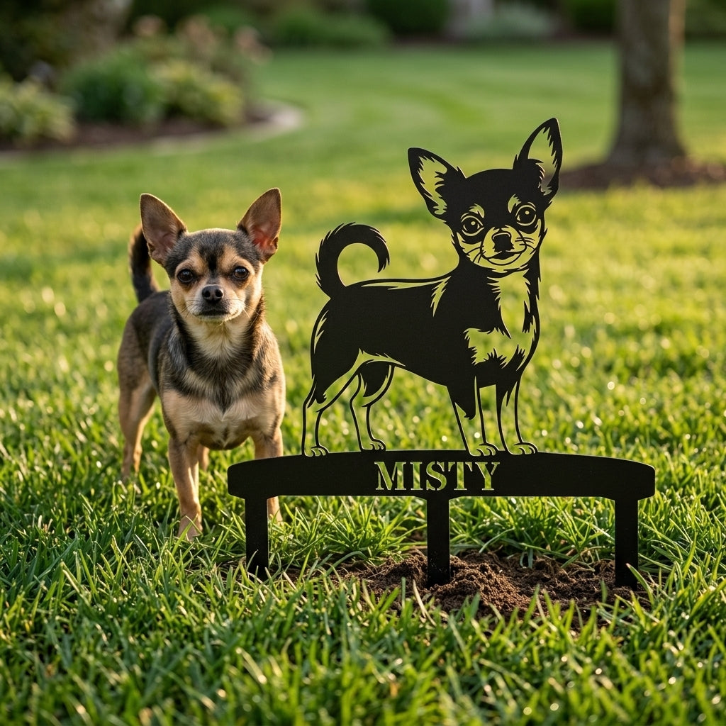 Personalized Chihuahua Garden Metal Sign With Stakes. Custom Dog Lover Name Gift