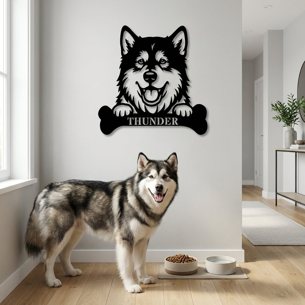 Personalized Alaskan Malamute With Bone Name Metal Sign