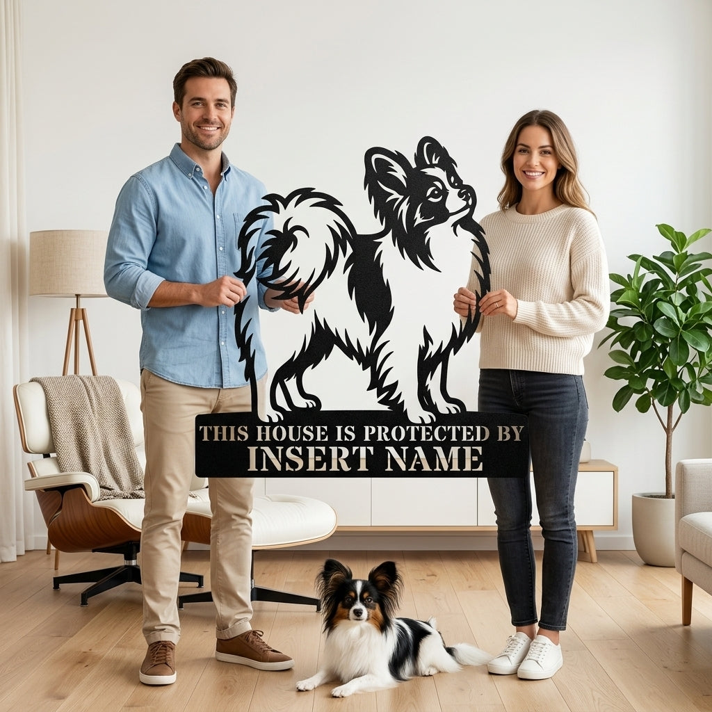 Personalized Papillon Dog Guard Metal Sign. Custom Dog Protect Name Wall Decor