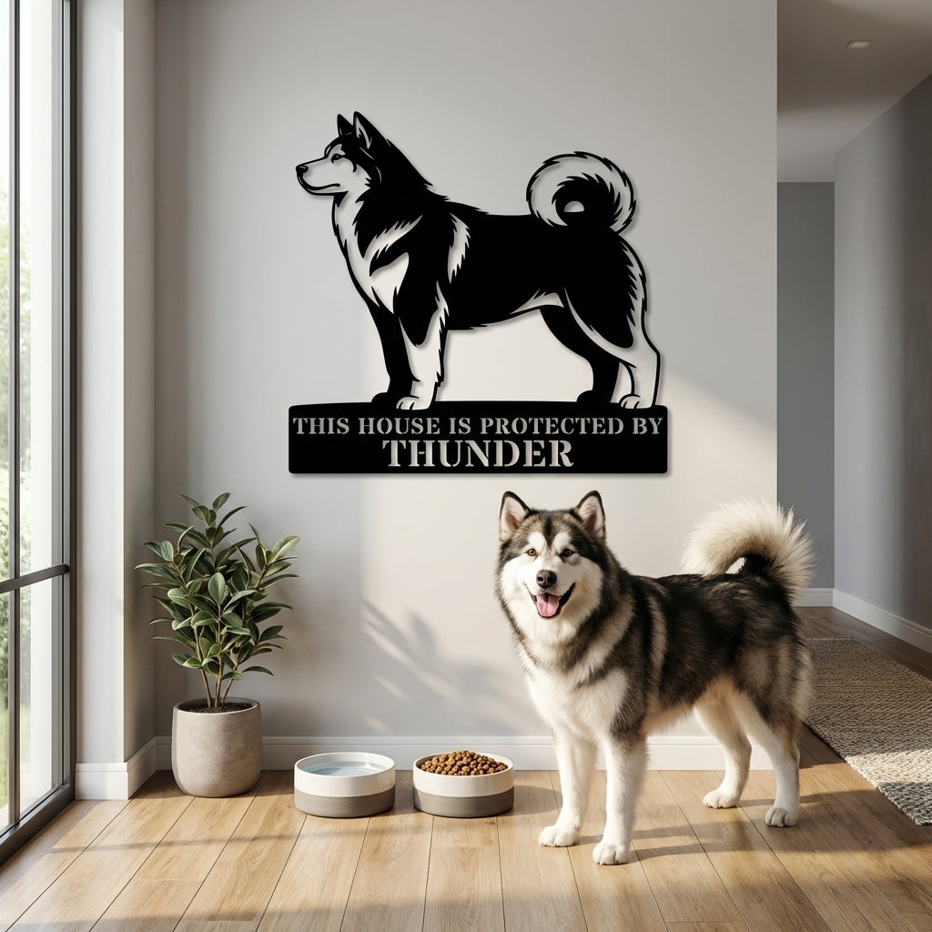 Personalized Alaskan Malamute Guard Metal Sign. Custom Dog Name Wall Decor