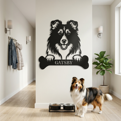 Personalized Shetland Sheepdog Bone Name Metal Sign. Funny Custom Dog Wall Decor Gift