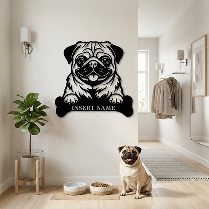Personalized Pug With Bone Name Metal Sign. Custom Funny Dog Decor