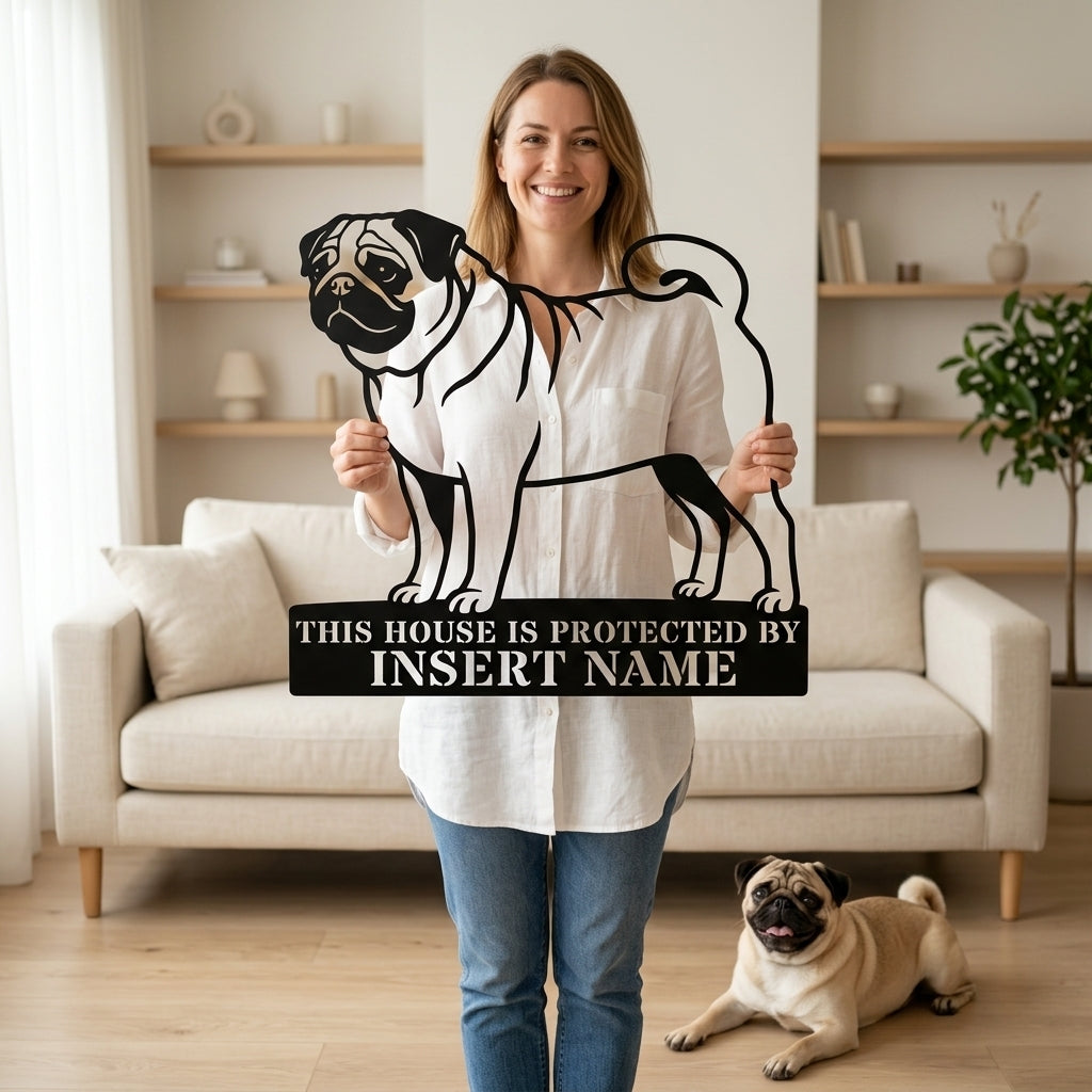 Personalized Pug Guard Metal Sign. Custom Dog Protect Name Wall Decor