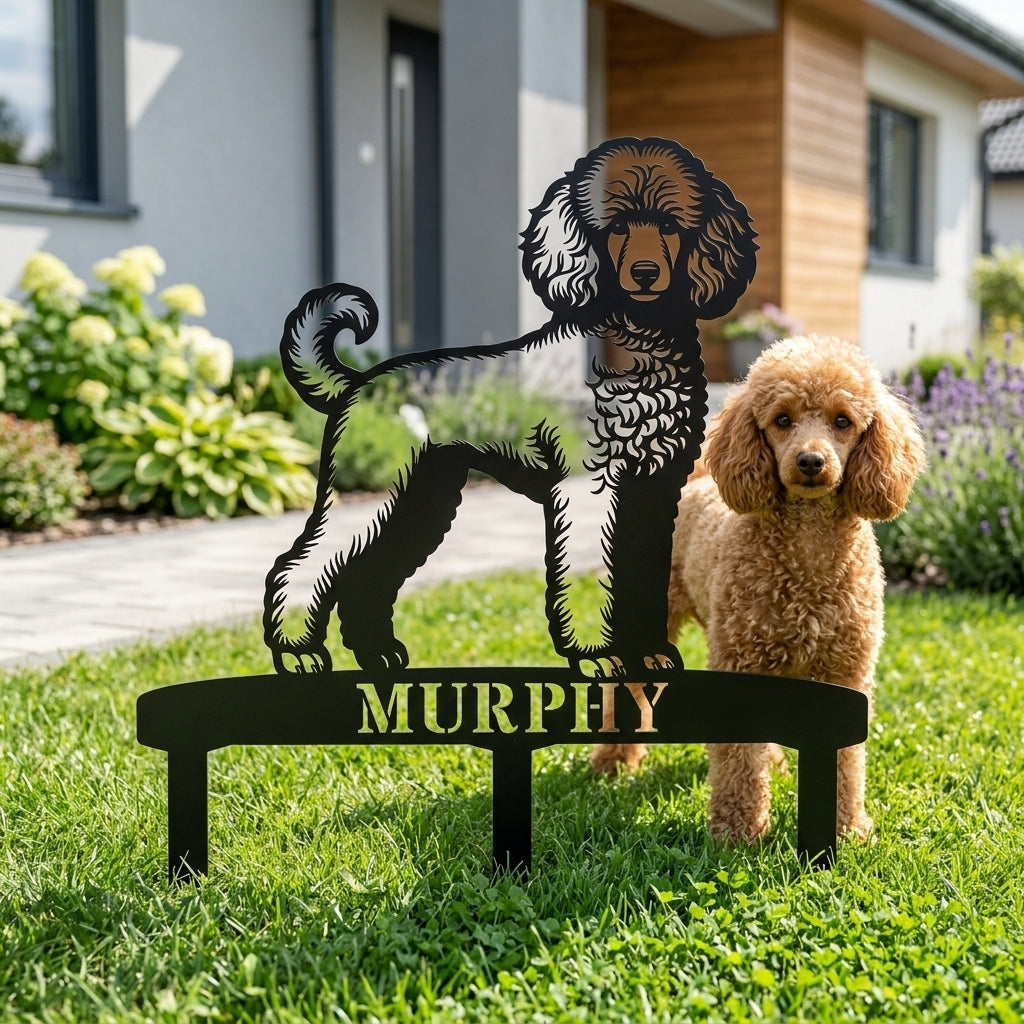 Personalized Poodle Garden Metal Sign With Stakes. Custom Dog Plaque Name Gift
