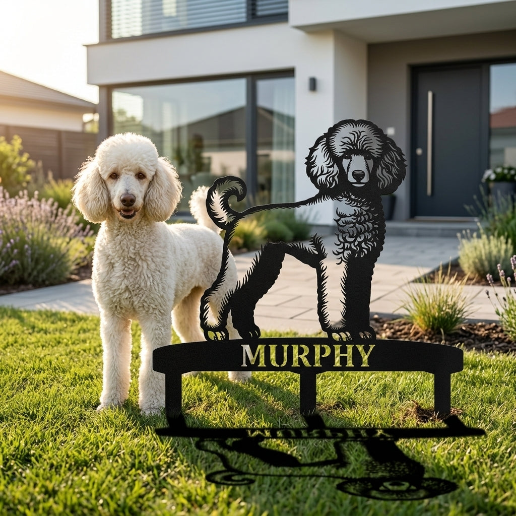 Personalized Poodle Garden Metal Sign With Stakes. Custom Dog Plaque Name Gift