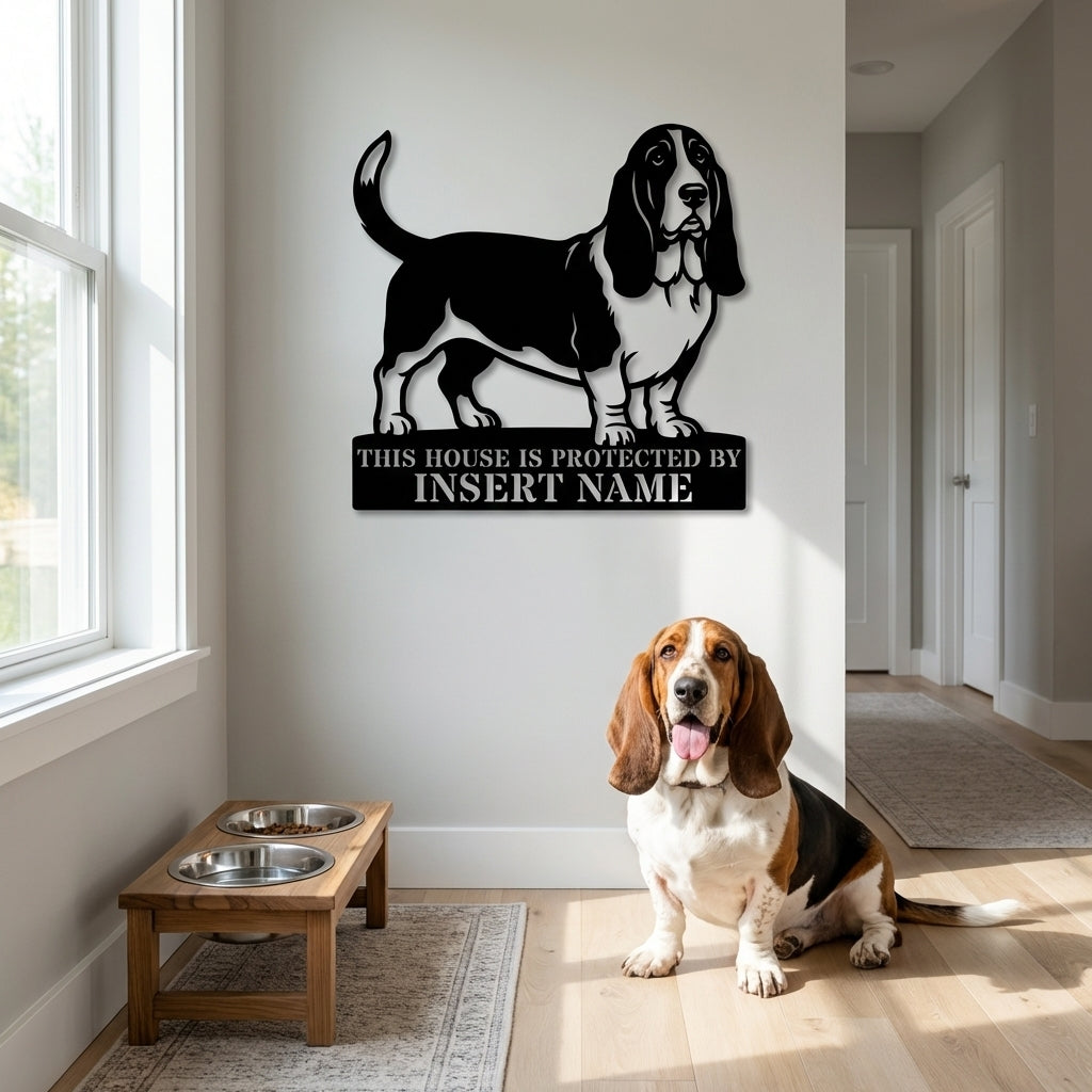 Personalized Basset Hound Guard Metal Sign. Custom Dog Name Wall Decor