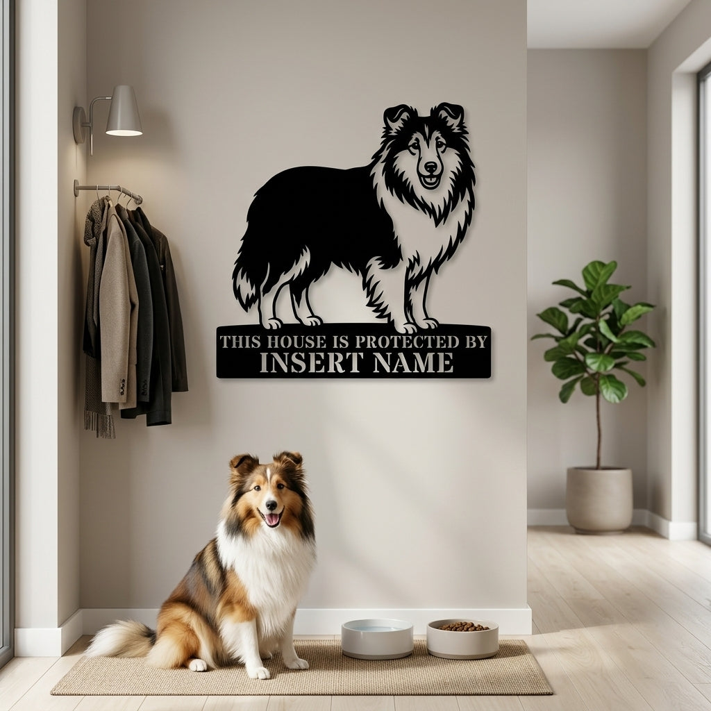 Personalized Shetland Sheepdog Guard Metal Sign. Custom Dog Protect Name Wall Decor