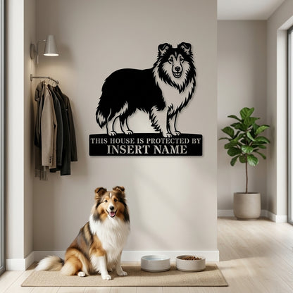Personalized Shetland Sheepdog Guard Metal Sign. Custom Dog Protect Name Wall Decor