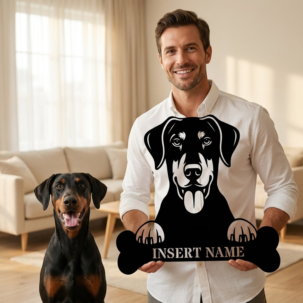 Personalized Dobermann With Bone Metal Sign. Custom Funny Dog Name Decor