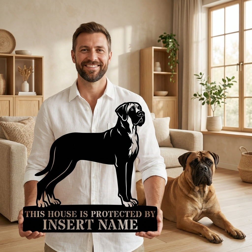 Personalized Bullmastiff Dog Guard Metal Sign. Custom Dog Name Wall Decor
