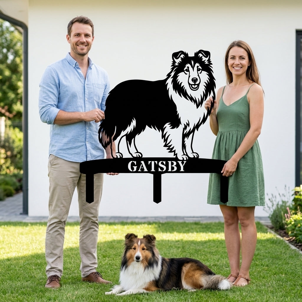 Personalized Shetland Sheepdog Garden Metal Sign With Stakes. Custom Dog Plaque Name Gift