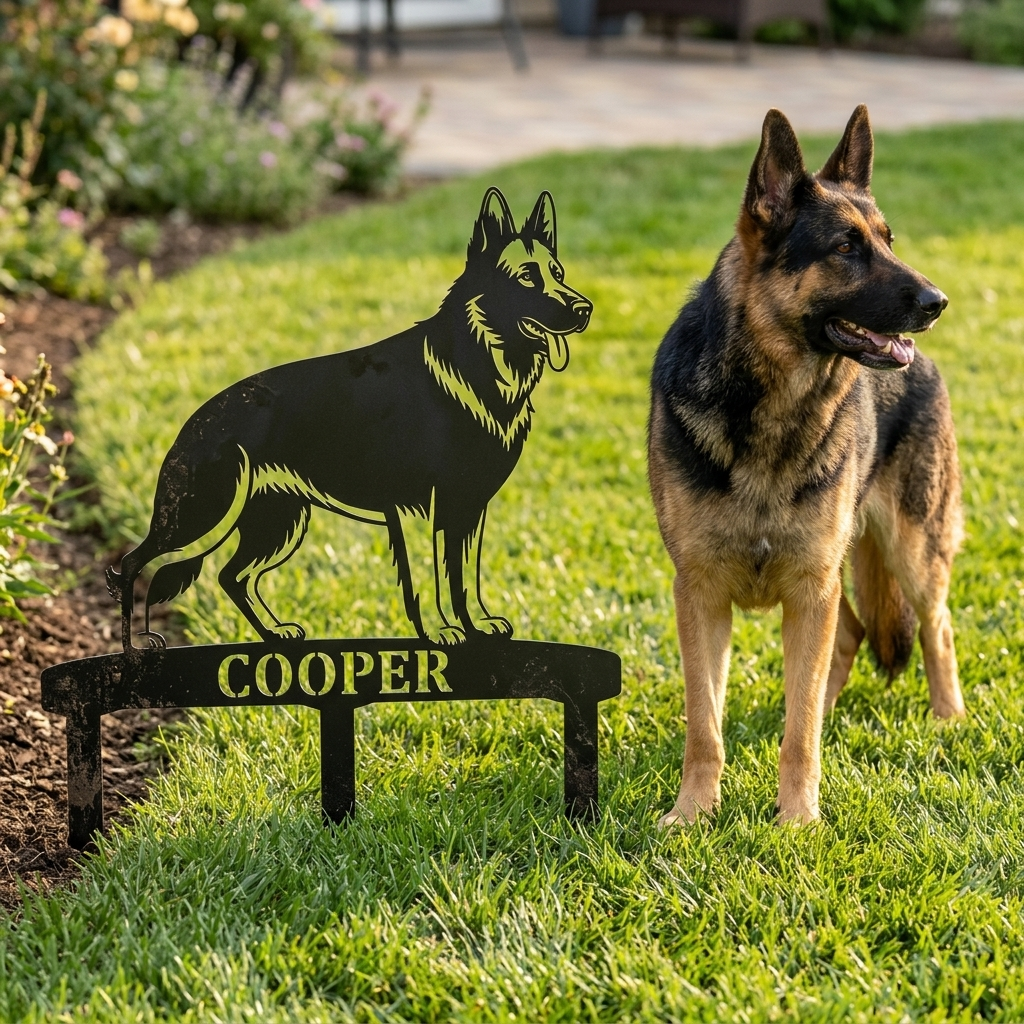 German Shepherd Personalized Garden Stakes Metal Sign Display. Custom Alsatian Name Decor