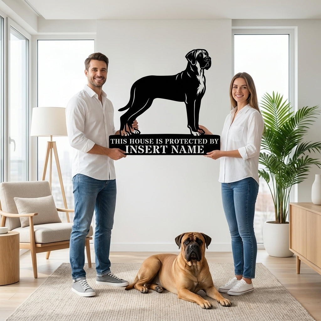 Personalized Bullmastiff Dog Guard Metal Sign. Custom Dog Name Wall Decor