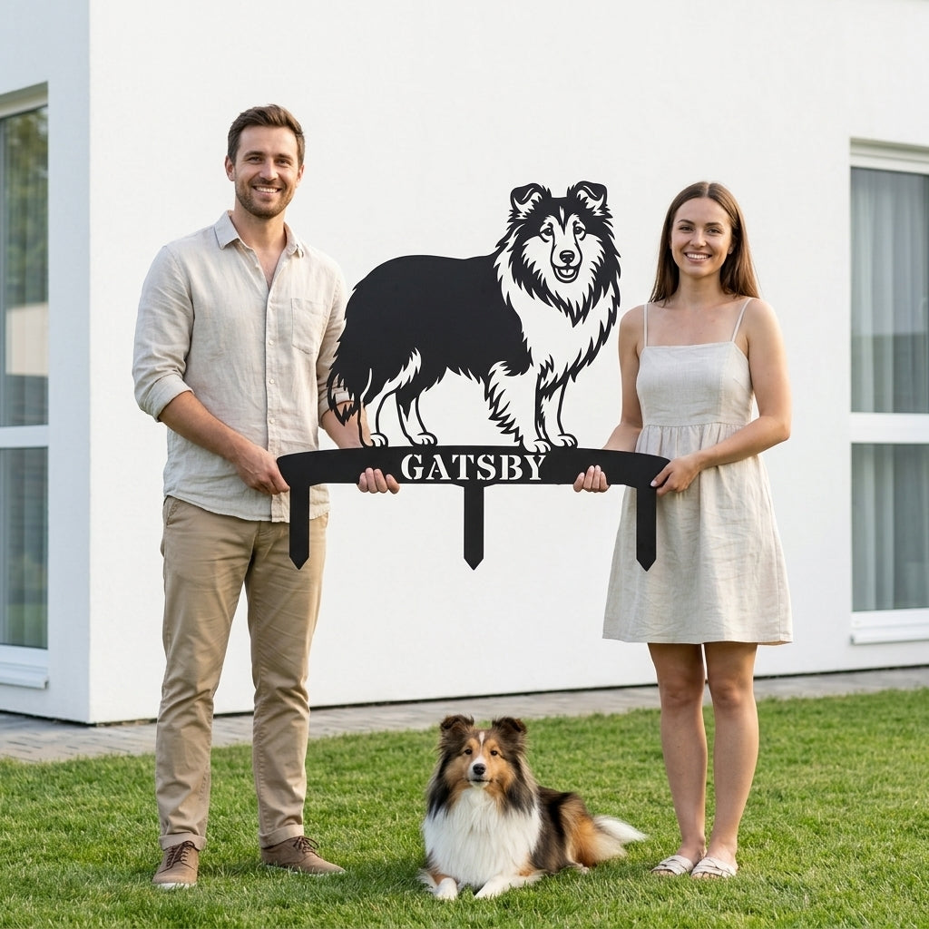 Personalized Shetland Sheepdog Garden Metal Sign With Stakes. Custom Dog Plaque Name Gift