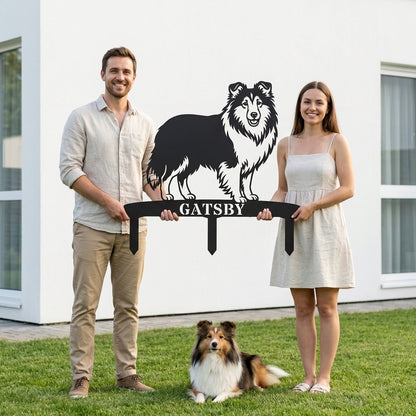 Personalized Shetland Sheepdog Garden Metal Sign With Stakes. Custom Dog Plaque Name Gift