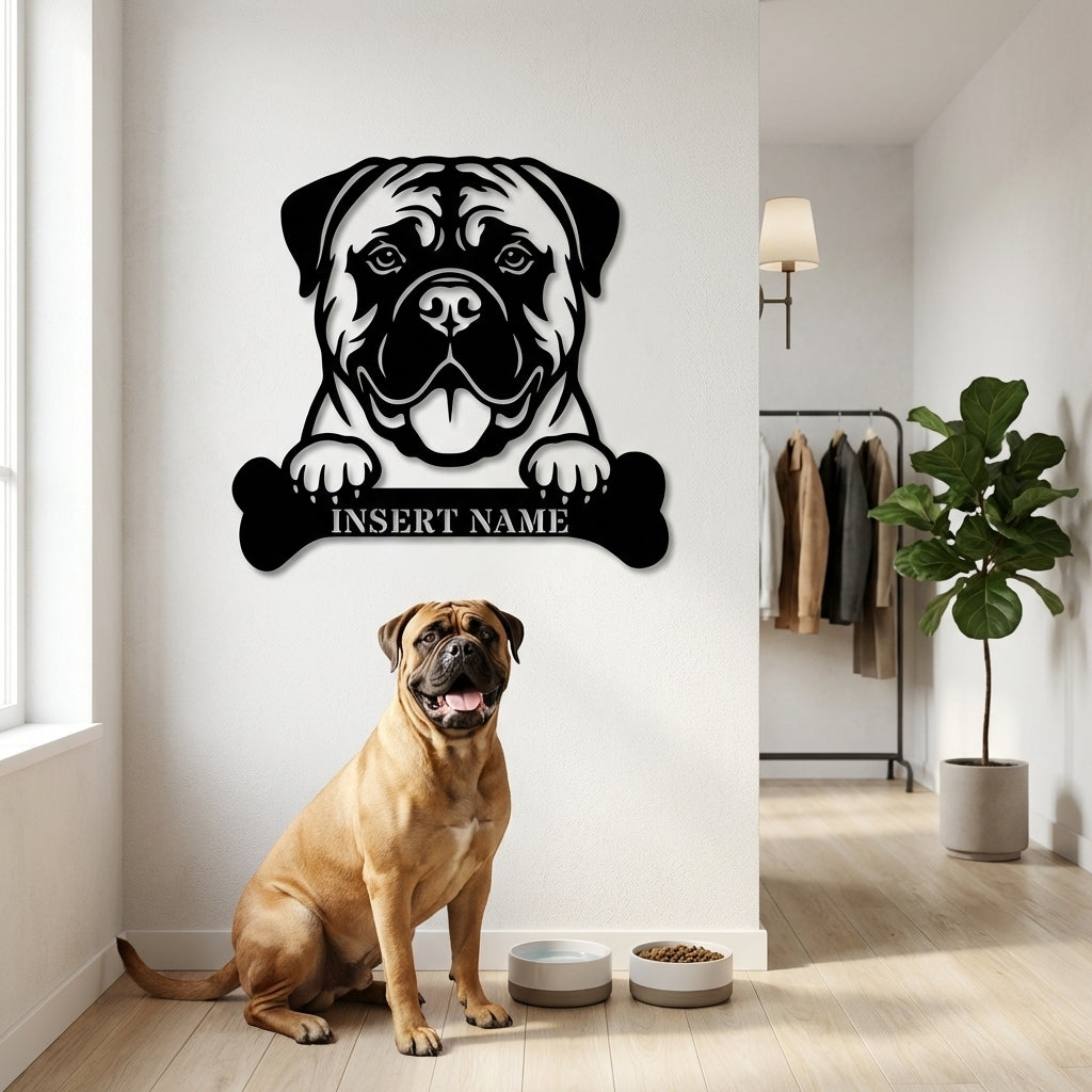 Personalized Bullmastiff Dog With Bone Metal Sign. Custom Funny Dog Name Decor