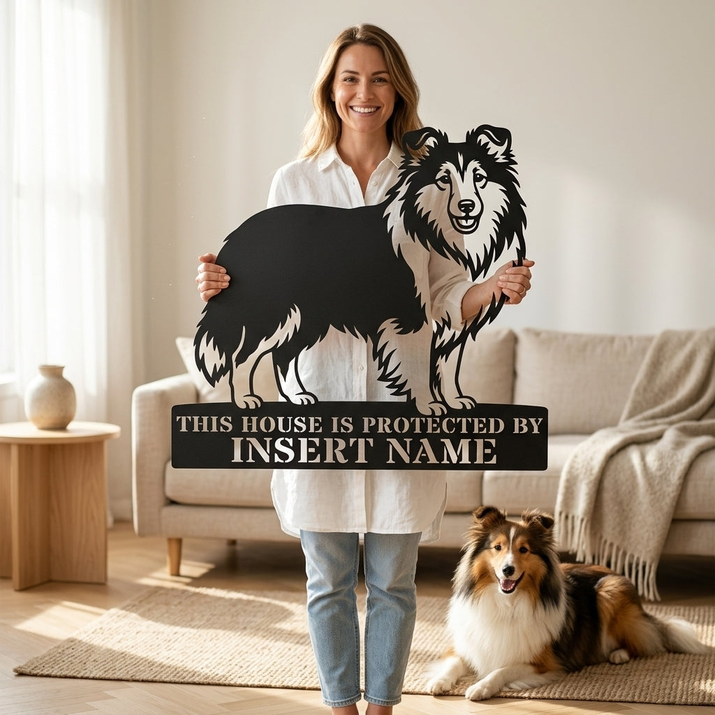 Personalized Shetland Sheepdog Guard Metal Sign. Custom Dog Protect Name Wall Decor