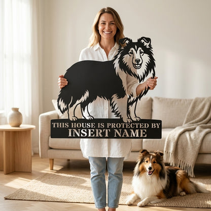Personalized Shetland Sheepdog Guard Metal Sign. Custom Dog Protect Name Wall Decor