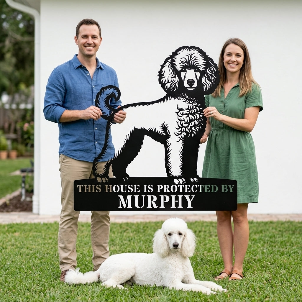 Personalized Poodle Dog Guard Metal Sign. Custom Dog Protect Name Wall Decor