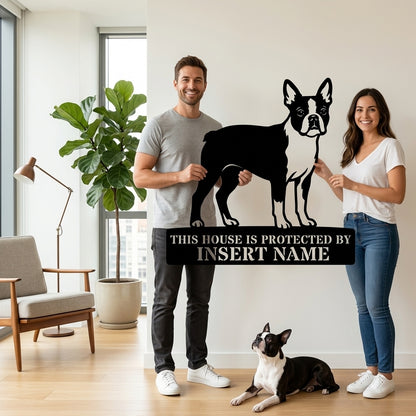 Personalized Boston Terrier Guard Metal Sign. Custom Dog Protect Name Wall Decor