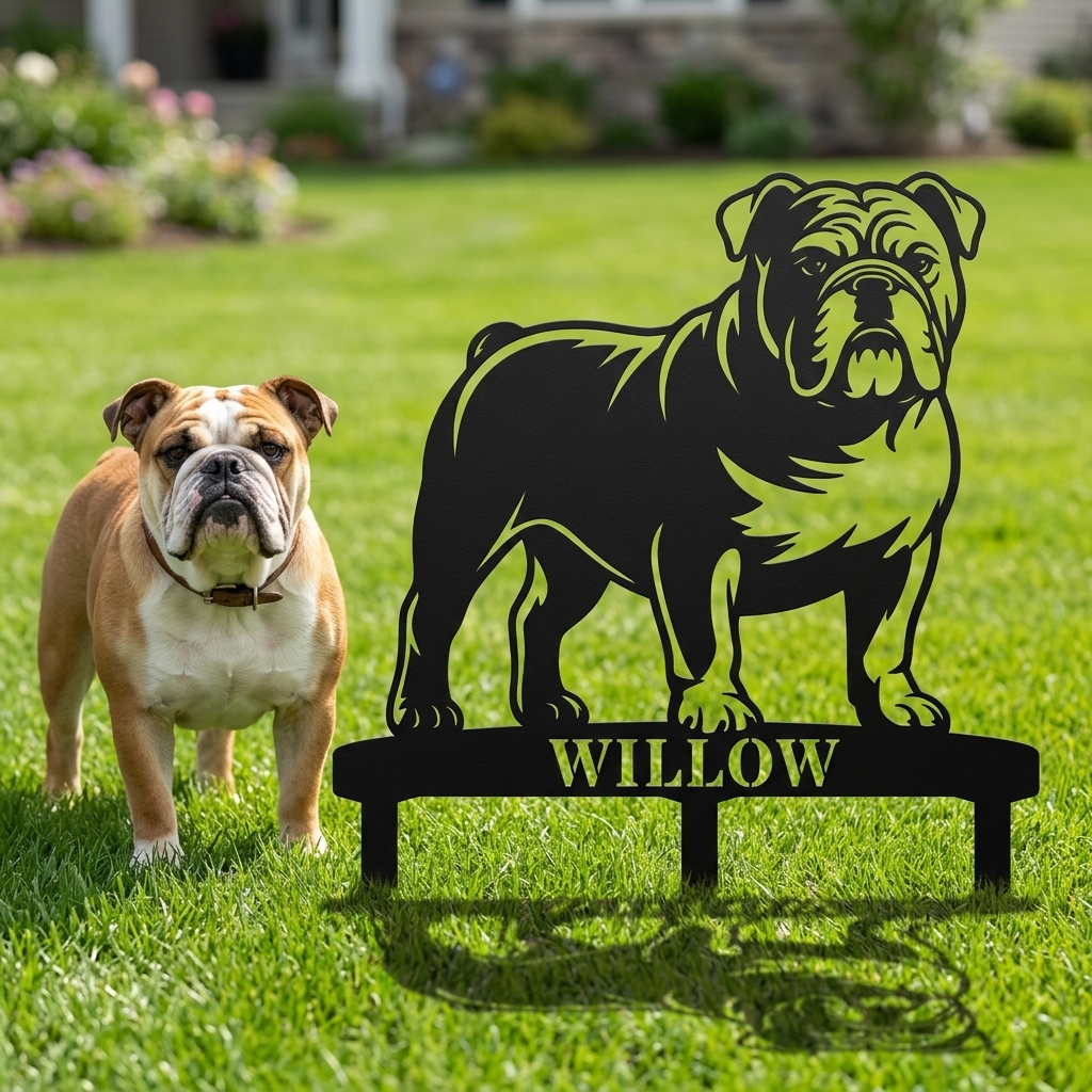 Personalized English Bulldog Garden Metal Sign With Stakes. Custom Dog Lover Name Gift
