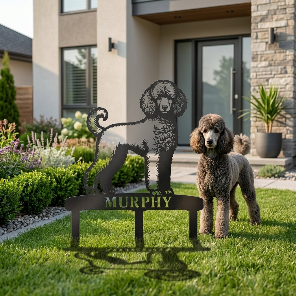 Personalized Poodle Garden Metal Sign With Stakes. Custom Dog Plaque Name Gift