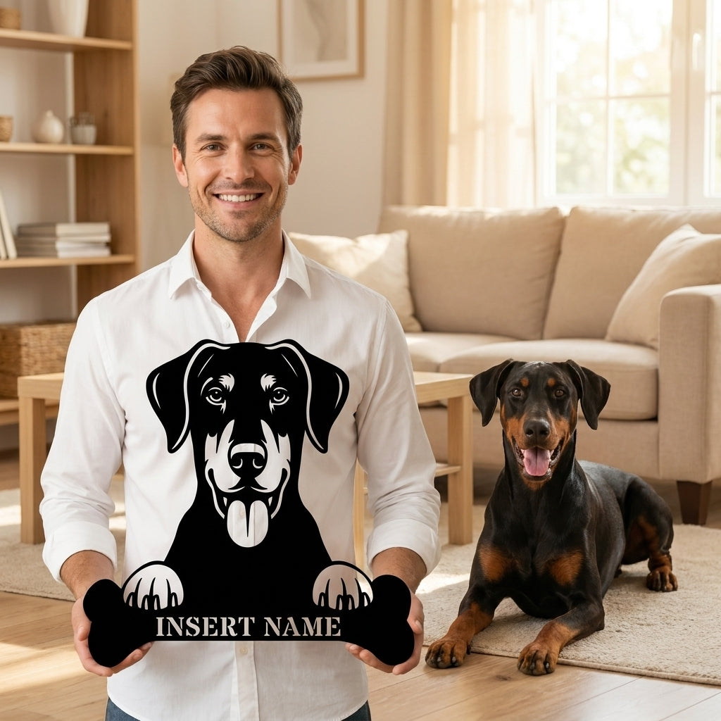 Personalized Dobermann With Bone Metal Sign. Custom Funny Dog Name Decor