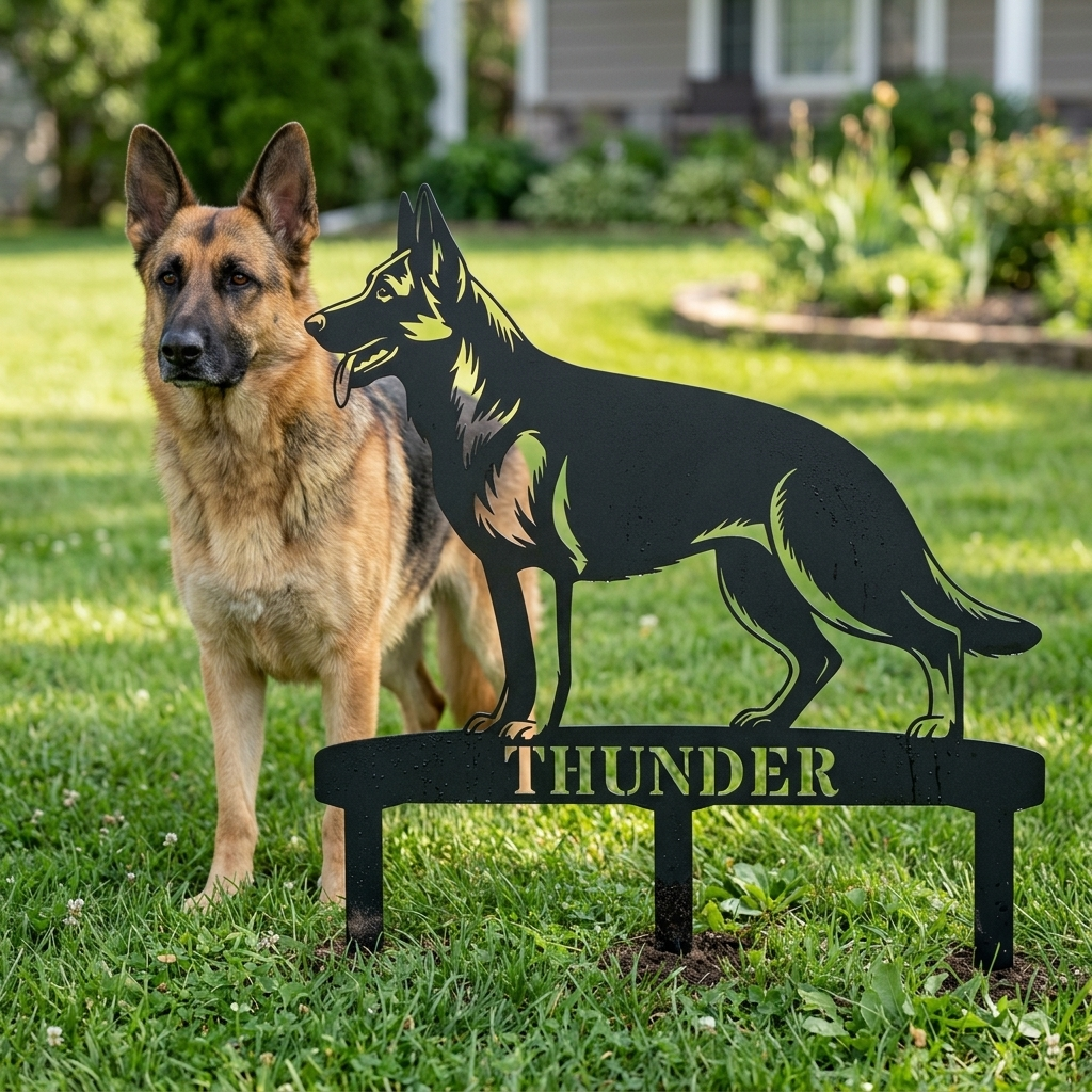 Personalized German Shepherd Garden Metal Sign With Stakes. Custom Dog Name Gift