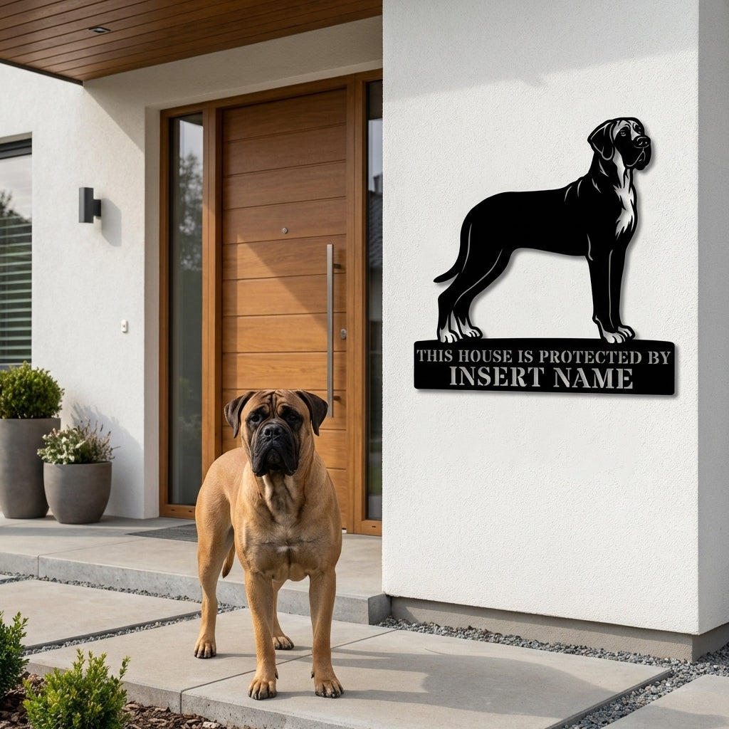 Personalized Bullmastiff Dog Guard Metal Sign. Custom Dog Name Wall Decor