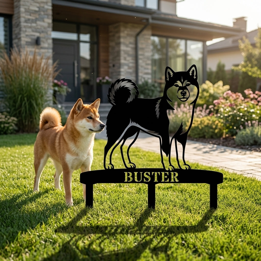 Personalized Shiba Inu Garden Metal Sign With Stakes. Custom Dog Plaque Name Gift