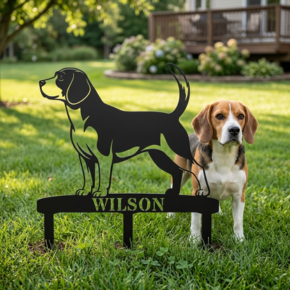 Personalized Beagle Garden Metal Sign With Stakes. Custom Dog Lover Name Gift
