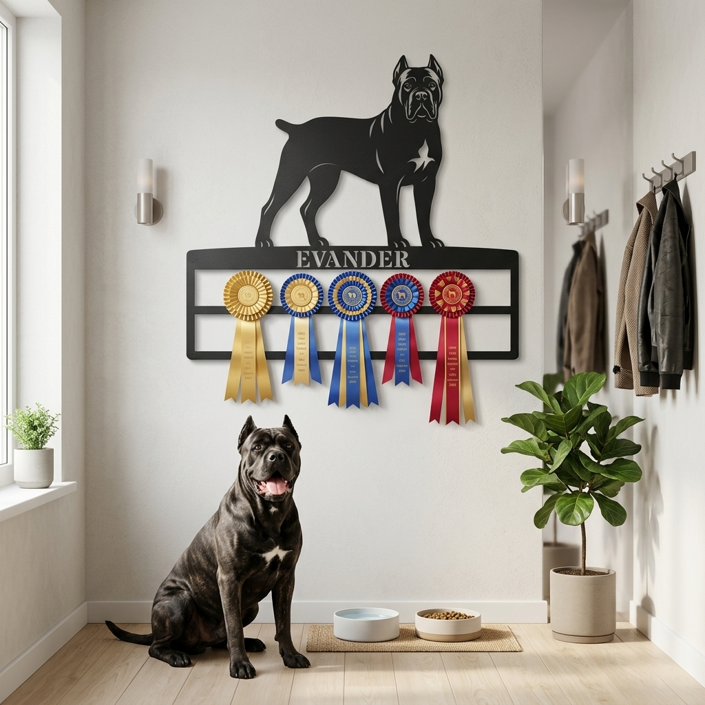 Personalized Cane Corso Rosette Name Metal Sign. Custom Dog Champion Ribbon Display