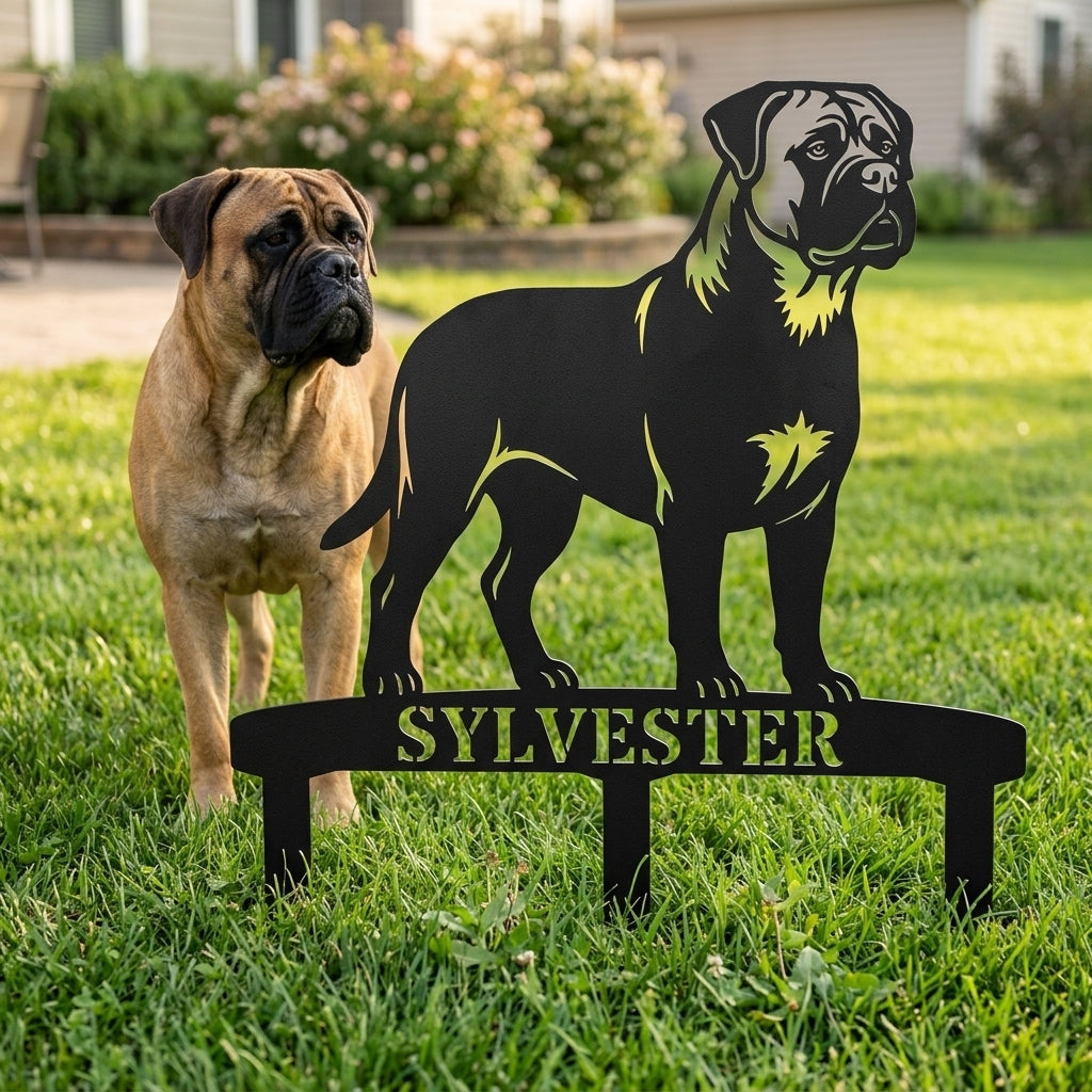 Personalized Bullmastiff Garden Metal Sign With Stakes. Custom Dog Name Gift
