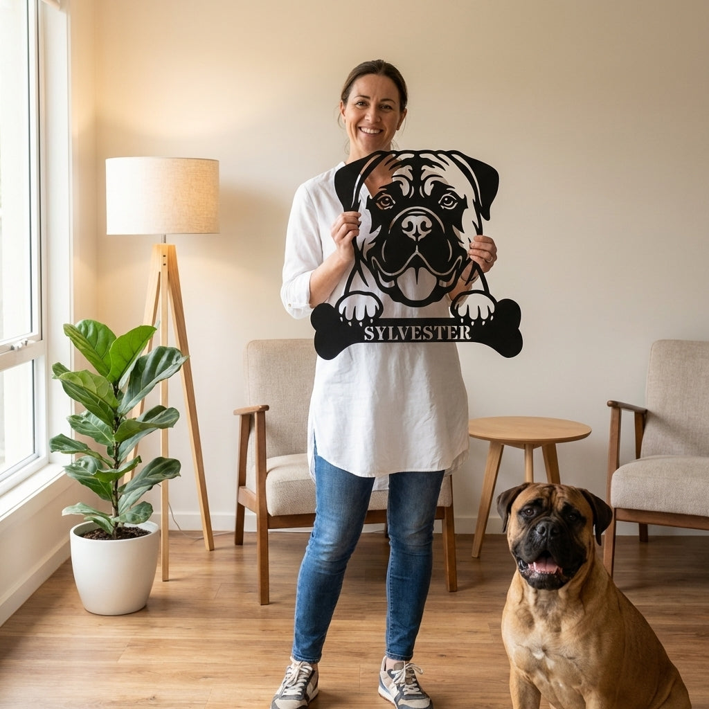 Personalized Bullmastiff Dog With Bone Metal Sign. Custom Funny Dog Name Decor