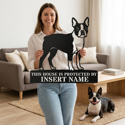 Personalized Boston Terrier Guard Metal Sign. Custom Dog Protect Name Wall Decor