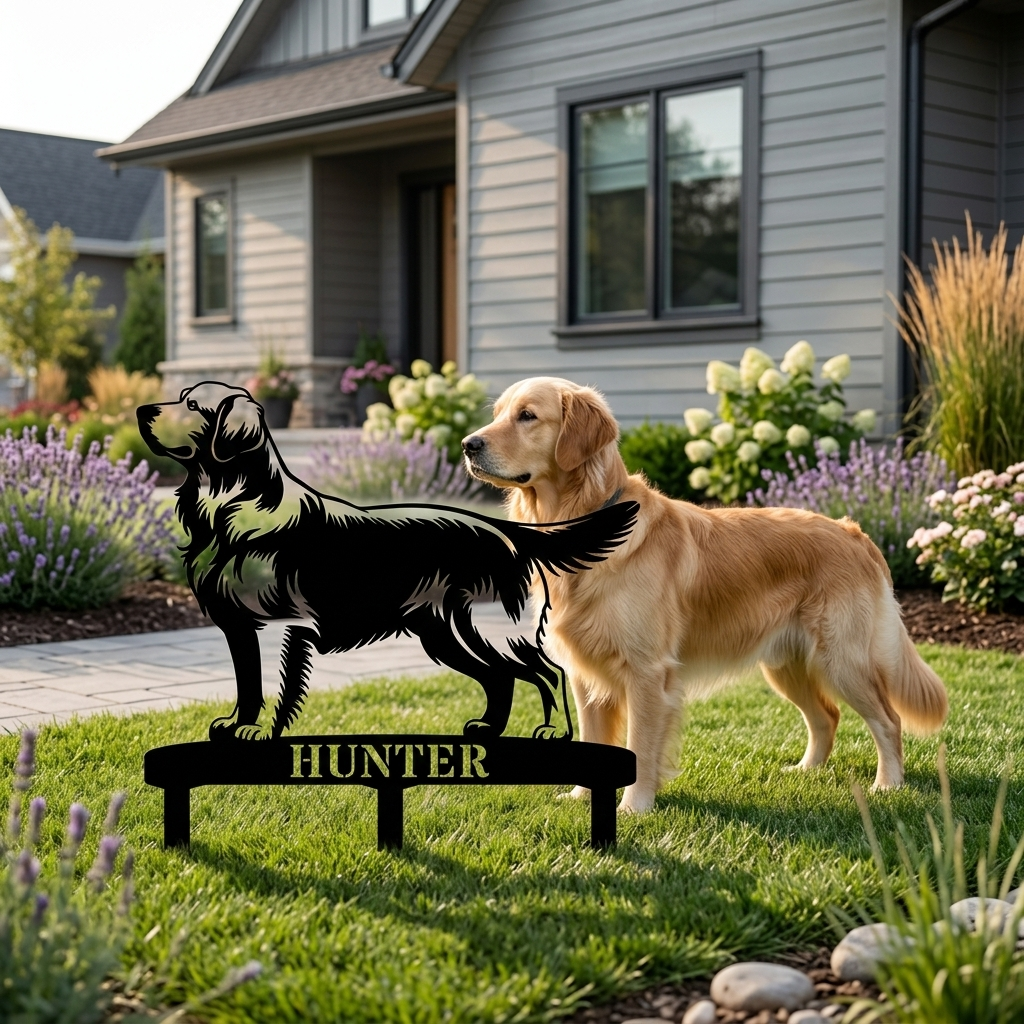 Personalized Golden Retriever Garden Metal Sign With Stakes. Custom Dog Lover Name Gift